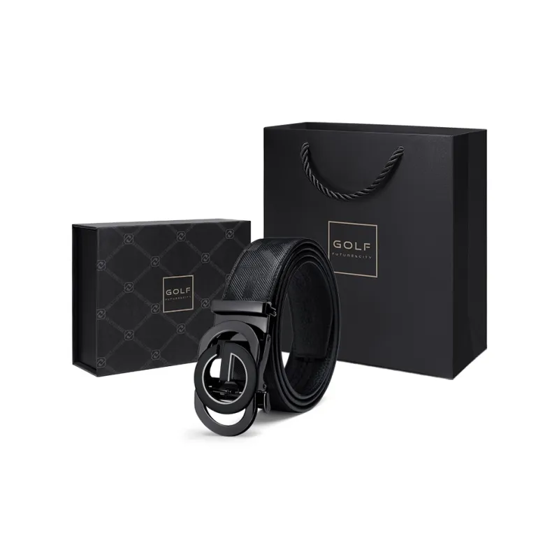 GOLF Top Grain Cow Leather Automatic Buckle Belt Men's Black Gold/Black Silver Width  3.5cm-22