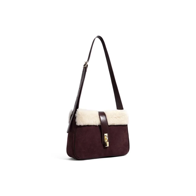 FAIRWHALE Split Suede Cow Leather Messenger Bag, Shoulder Bag Women's Coffee/Leopard Print Coffee/Black/Grape Purple-11