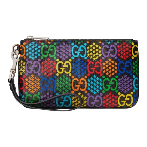 GUCCI Canvas With Leather Trim Wrist Bag Small Size Unisex Black & Multicolor