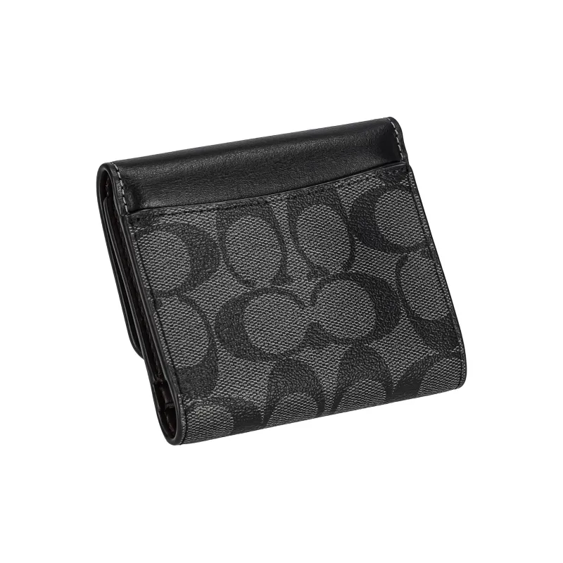 COACH Trifold Wallet Signature Coated Canvas With Smooth Leather Card Holder Wallet Small Size Men's Black-1