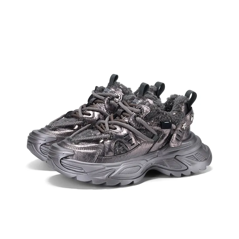 GG-CC Fleece-Lined Chunky Sneakers Cushioning Coverage Wear-Resistant Slip-Resistant Low-Top Warm Casual Shoes Women's-7