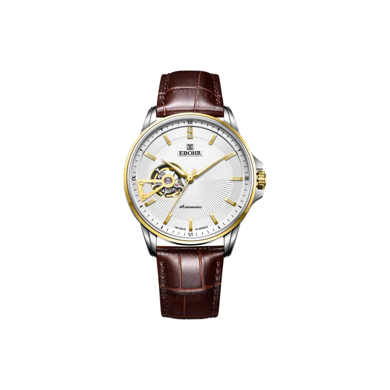 EBOHR Master Collection Mechanical Movement Genuine Leather Strap Watch Men's Watches Silver Dial-0
