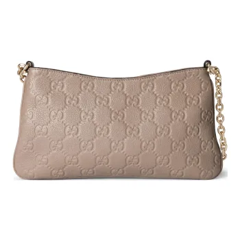 GUCCI GG Emblem Grain Leather Crossbody Bag, Shoulder Bag Small Size Women's Taupe