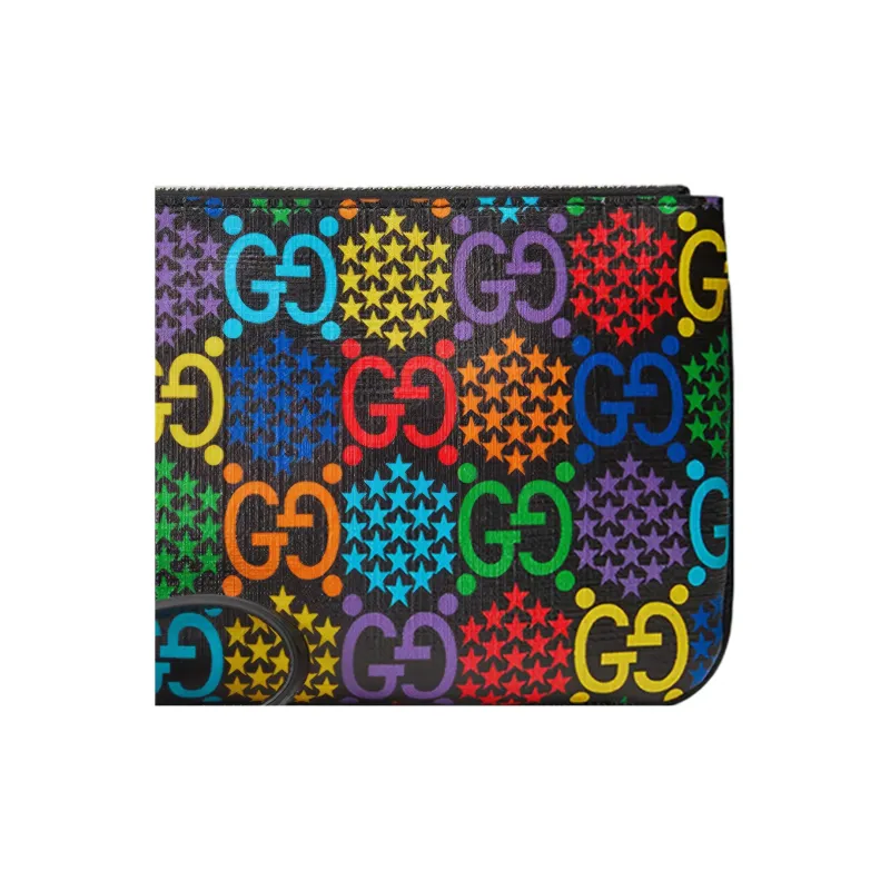 GUCCI Canvas With Leather Trim Wrist Bag Small Size Unisex Black & Multicolor-4