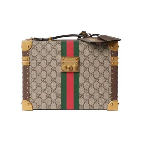 GUCCI Canvas Makeup Case Storage Box Medium Size Women's Beige & Ebony