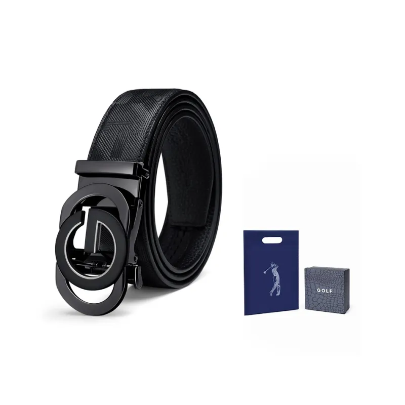 GOLF Top Grain Cow Leather Automatic Buckle Belt Men's Black Gold/Black Silver Width  3.5cm-10