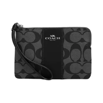 COACH Corner Zip Coated Canvas With Recycled Leather Canvas Bag Clutches Mini Women's Black