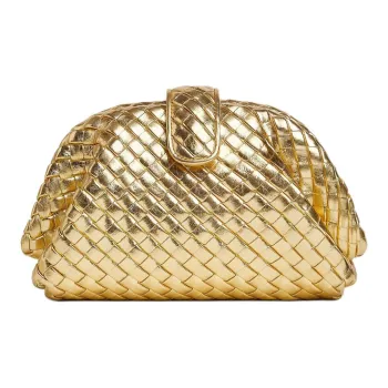 Bottega Veneta Mirror Finish Leather Clutch Small Size Women's Gold