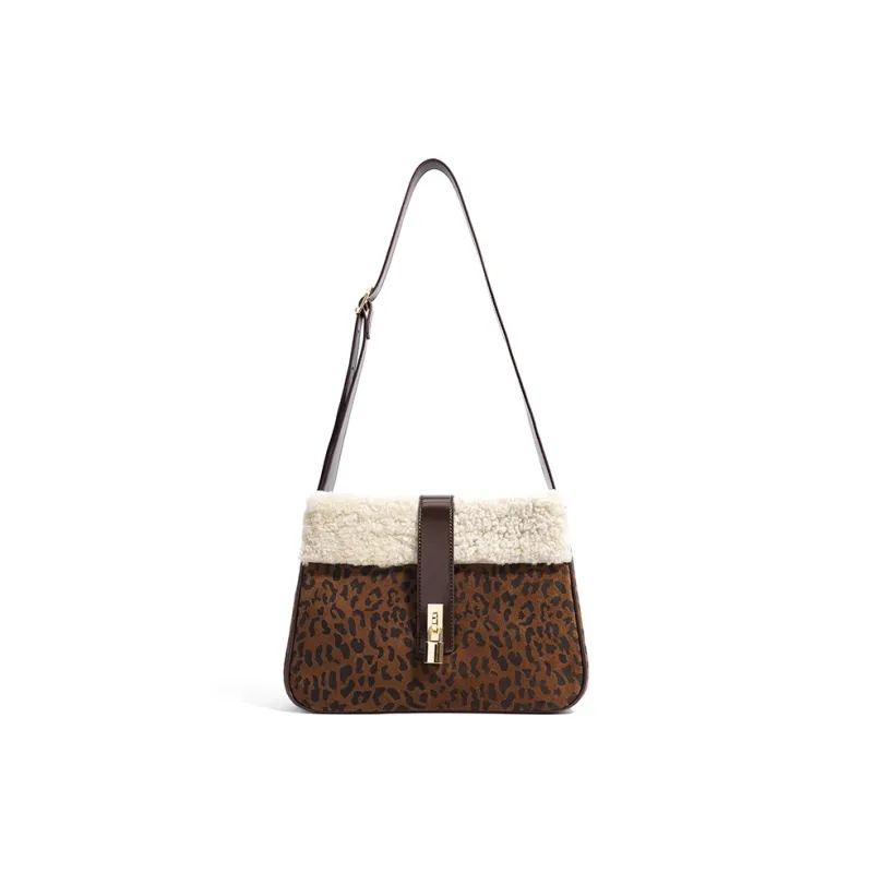 FAIRWHALE Split Suede Cow Leather Messenger Bag, Shoulder Bag Women's Coffee/Leopard Print Coffee/Black/Grape Purple-6