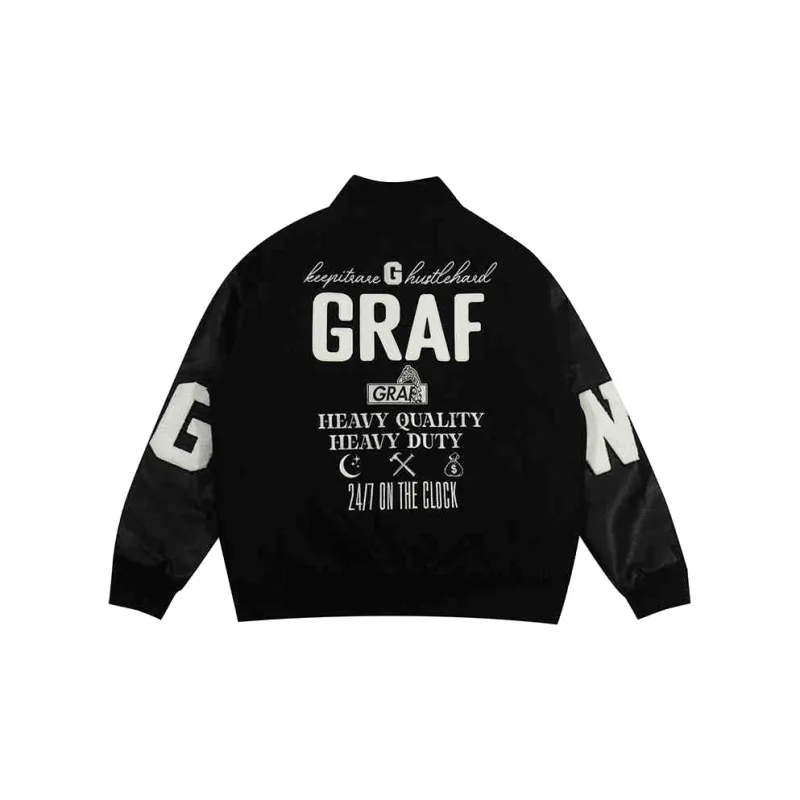GRAF Jacket Men's HQHD Black Leather Sleeves Woolen Baseball Jackets-1