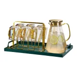 Amber Crystal Diamond Teapot+Amber Crystal Diamond Cup 6 Pack+Gold Stand+Dark Green Iron Tray