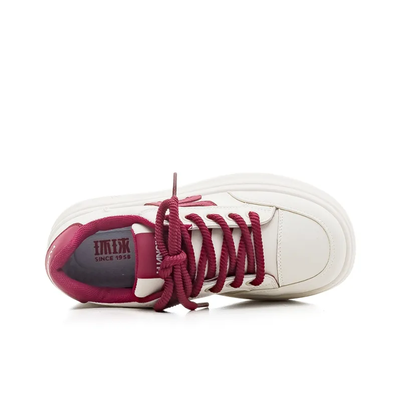 HUANQIU Anti Slip And Wear Resistant Height Increasing Low Top Skateboard Shoes Women's Beige Burgundy-3