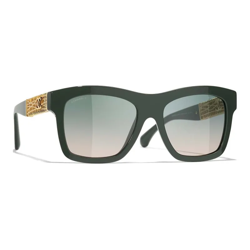 CHANEL Metal Acetate Irregular Shape Sunglasses Women's Green-3