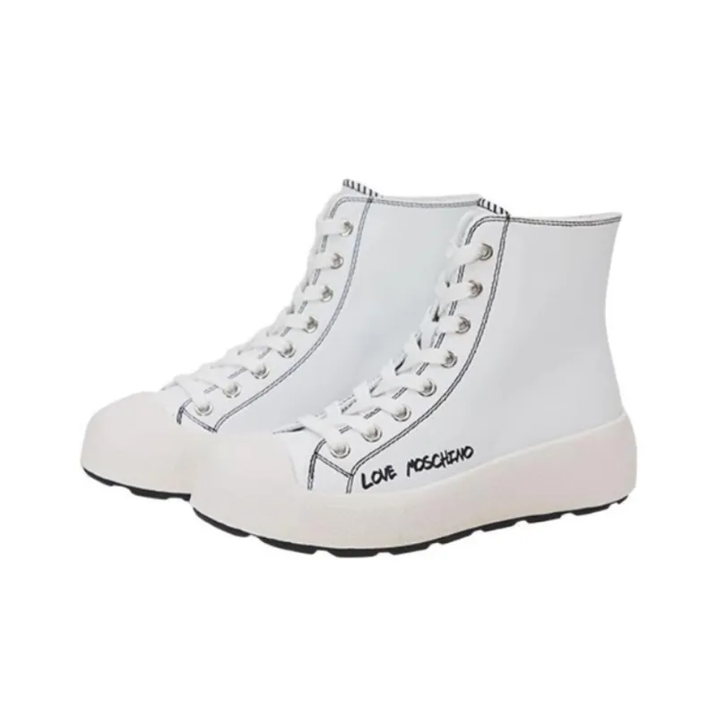 LOVE MOSCHINO Calfskin High-Top Skateboard Shoes Women's White-1