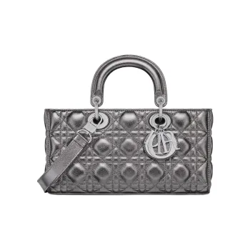 DIOR Lady D JOY Calfskin Tote Bag, Shopping Bag, Shoulder Bag, Crossbody Bag, Handbag Medium Size Women's Metallic Gray