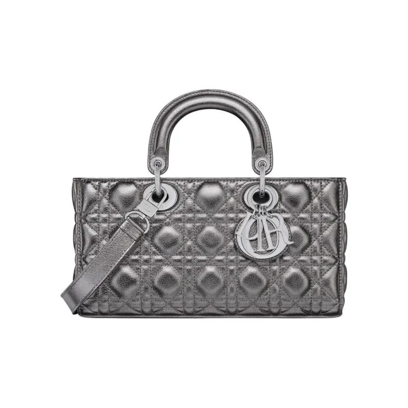 DIOR Lady D JOY Calfskin Tote Bag, Shopping Bag, Shoulder Bag, Crossbody Bag, Handbag Medium Size Women's Metallic Gray-0