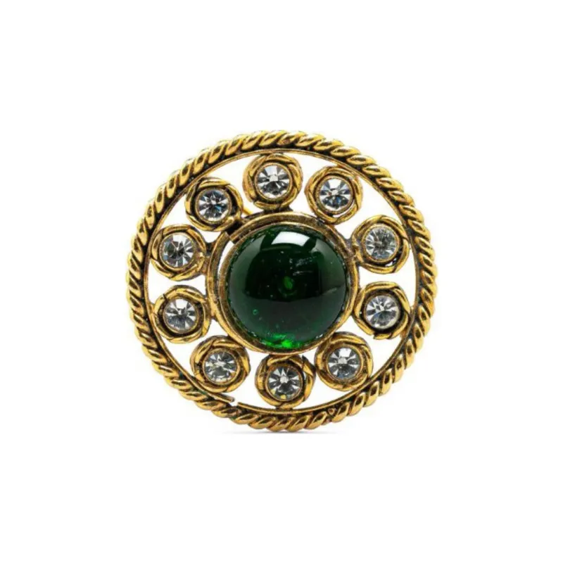 CHANEL 2003 Plated Round Crystal Costume Brooch-0