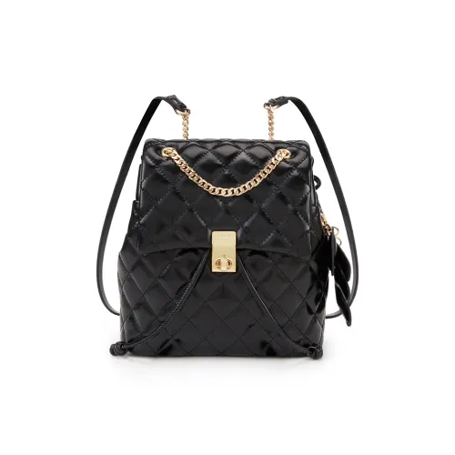 ELLE Ancora Red Cow Leather Texture Large Capacity Commuter Backpack Women's Black/White/Burgundy