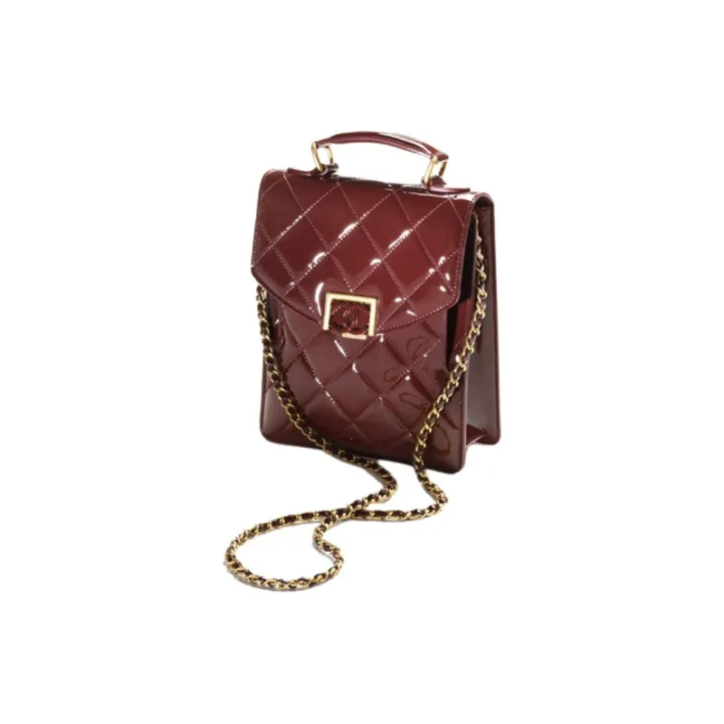 CHANEL Calf Patent Leather Flap Bag, Crossbody Bag, Shoulder Bag Trumpets Women's Burgundy-1