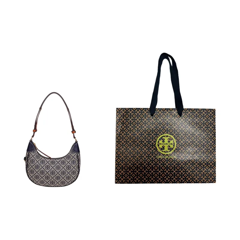 TORY BURCH T Monogram Leather Crescent Bag Handbag Shoulder Bag Women's Marine Blue-6