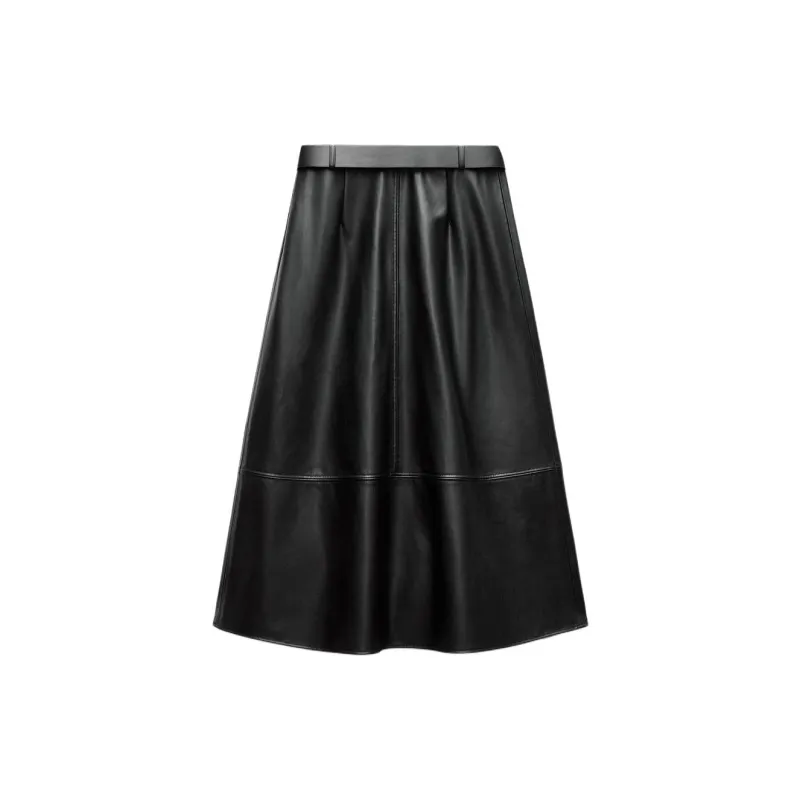 ZARA Leather Long Skirts Women's Black-1