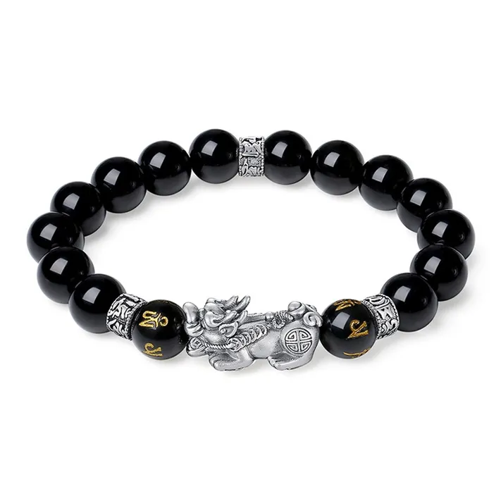 YINCHIE Processing Obsidian 999 Fine Silver Beaded Bracelet Men's-0