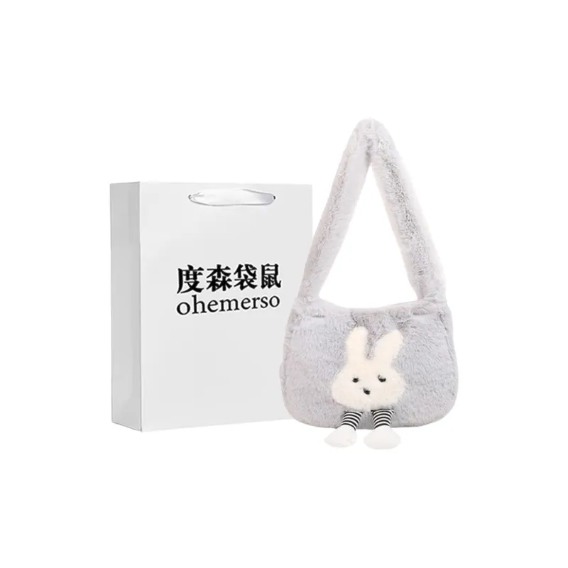 Dusen Kangaroo Plush Shoulder Bag Women's White/Gray/Khaki/Green/Pink-5