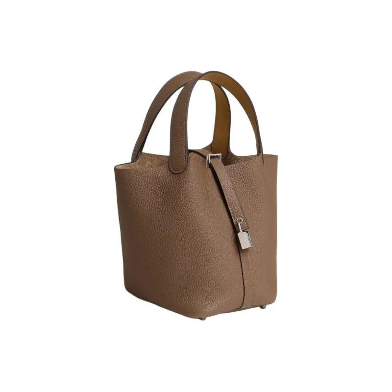 HERMES Picotin Lock Taurillon Clemence Leather Basket Bag, Bucket Bag, Handbag Women's Chestnut With Cookie-1