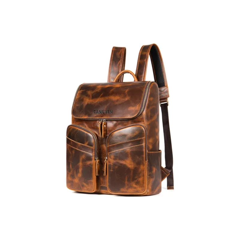 CANUVEN Top Grain Cow Leather Backpack Men's Oil Coffee/Vintage-2