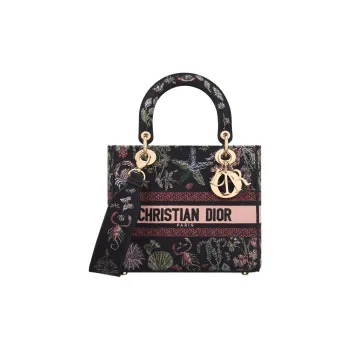 DIOR Lady D Lite Cotton Tote Bag Shopping Bag Shoulder Bag Crossbody Bag Handbag Medium Size Women's Black & Multicolor