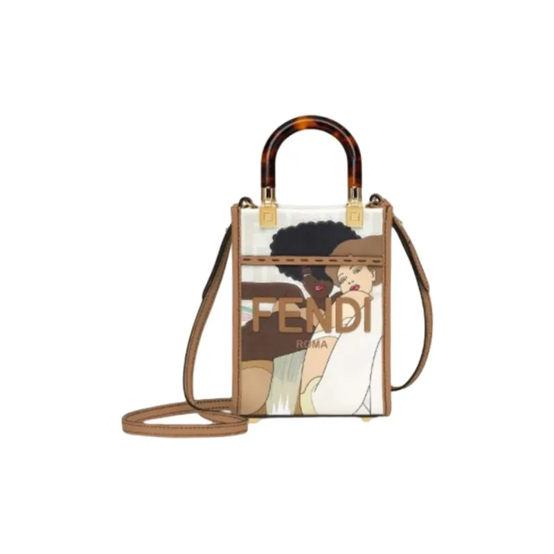 FENDI Sunshine Patchwork Leather Tote Bag Shoulder Bag Crossbody Bag Handbag Mini Unisex White/Brown-0