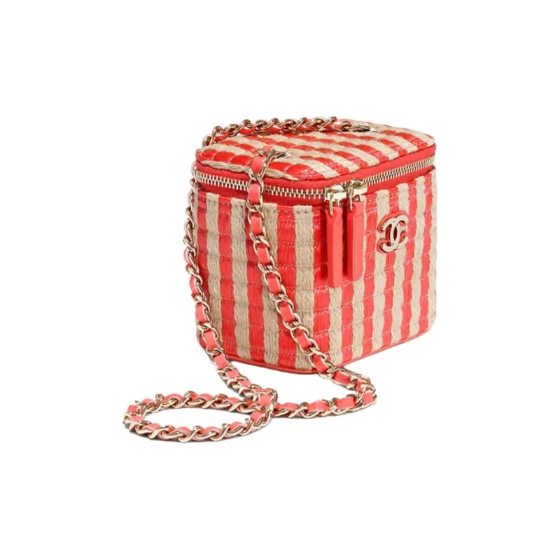CHANEL Fiber & Yellow Jute Thread & Metal Box Bag Clutch Trumpets Women's Red & Beige-1