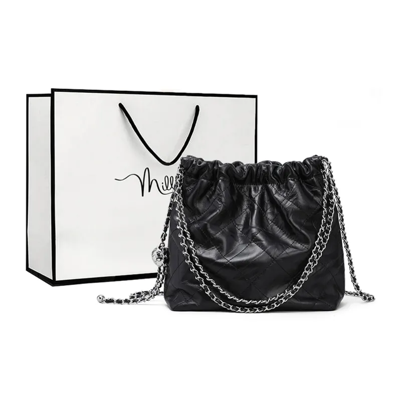 MILLIE'S Cow Leather Underarm Shoulder Bag, Bucket Bag Women's Black-0