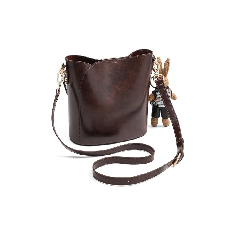 PT'SON Cow Leather Handbag, Bucket Bag, Shoulder Bag Women's Coffee-4