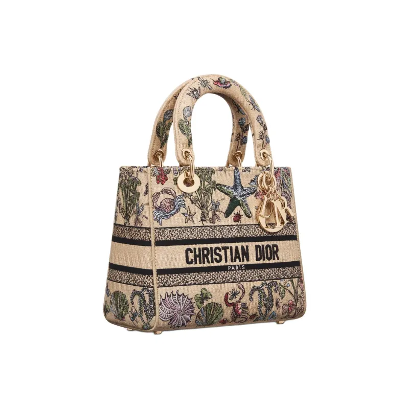 DIOR Lady D Lite Cotton Shoulder Bag, Crossbody Bag, Handbag Medium Size Women's Beige & Multicolor-1