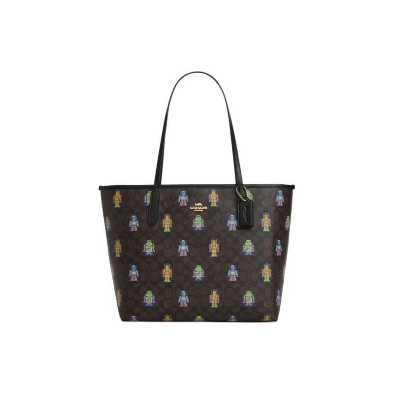 COACH Coated Canvas Handbag Shoulder Bag Unisex Gold Inlaid Walnut-0