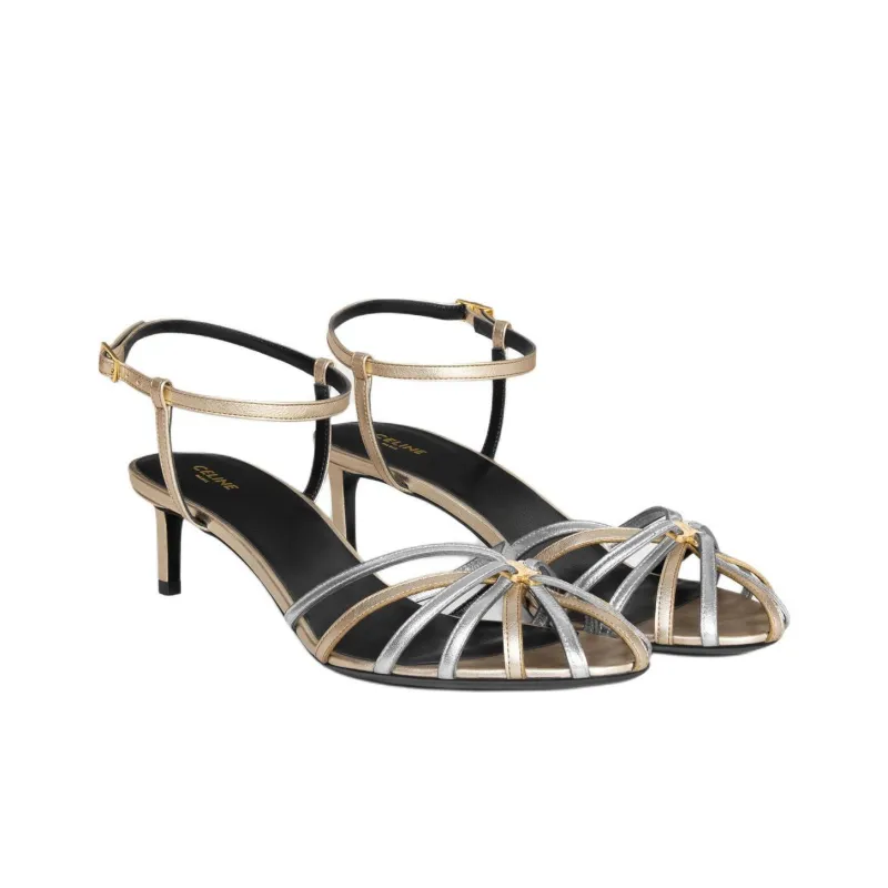 CELINE Triomphe One Strap Sandals 5cm Women's Gold And Silver-2