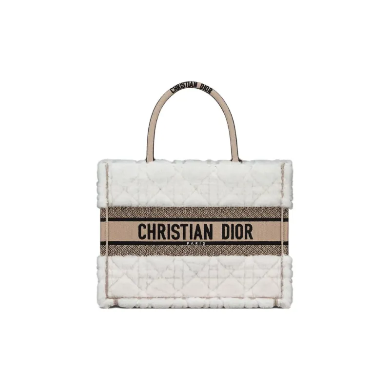 DIOR BookTote Lambskin With Shearling Tote Bag, Shopping Bag, Handbag Medium Size Women's Ecru-0