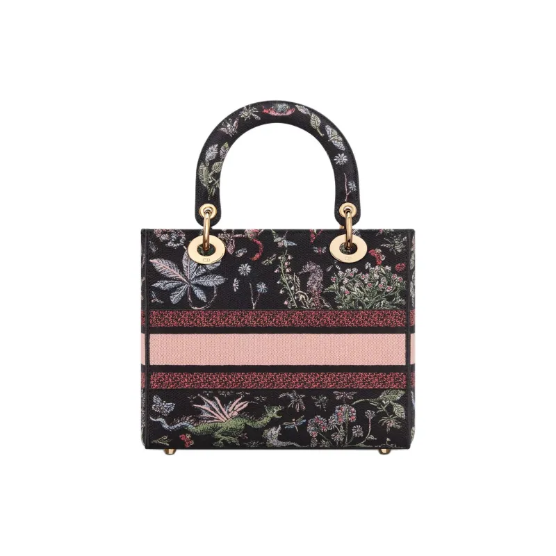 DIOR Lady D Lite Cotton Tote Bag Shopping Bag Shoulder Bag Crossbody Bag Handbag Medium Size Women's Black & Multicolor-2