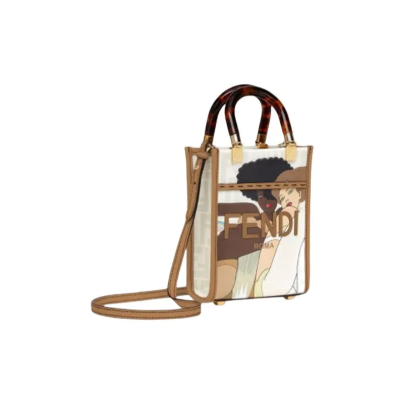 FENDI Sunshine Patchwork Leather Tote Bag Shoulder Bag Crossbody Bag Handbag Mini Unisex White/Brown-3