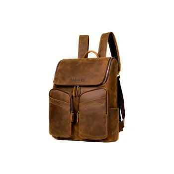 CANUVEN Top Grain Cow Leather Backpack Men's Oil Coffee/Vintage