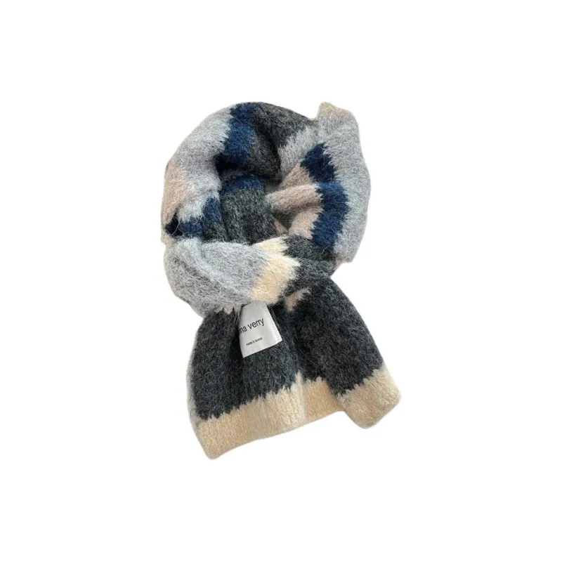PISHUSHU Polyester Knit Scarves Unisex Pink Light Blue Black Gray Color-3