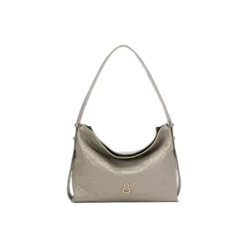 BAMPO Top Grain Cow Leather Hobo Bag, Handbag, Shoulder Bag Medium Size Women's Apricot Gray