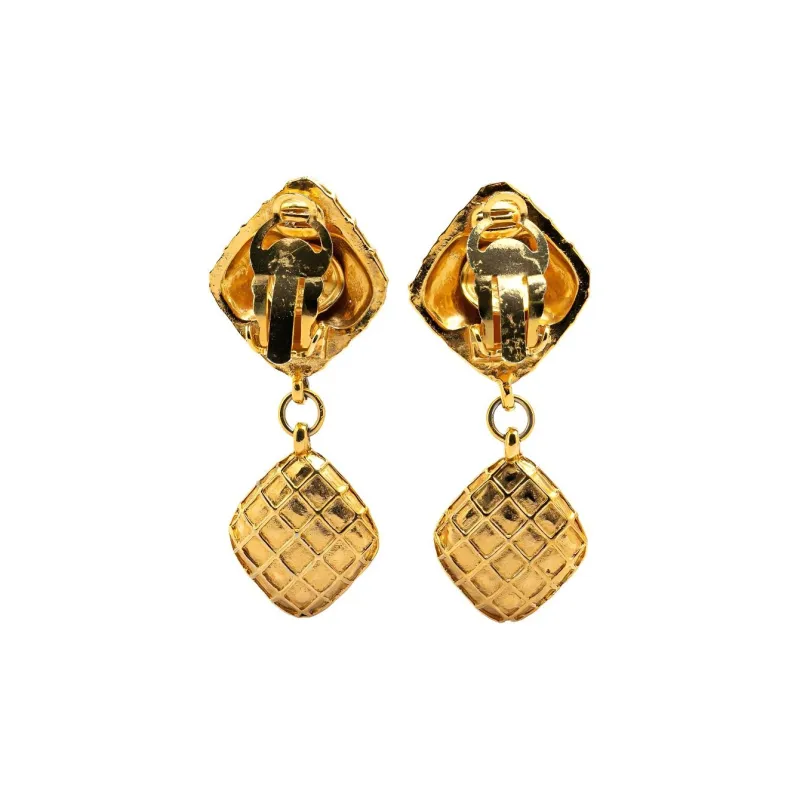 CHANEL 1980 1990 Gold Plated Diamond Swing Clip On Costume Earrings-1