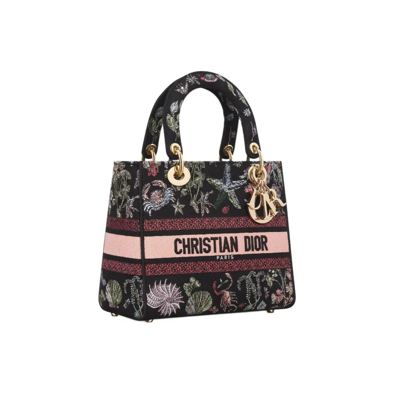 DIOR Lady D Lite Cotton Tote Bag Shopping Bag Shoulder Bag Crossbody Bag Handbag Medium Size Women's Black & Multicolor-1