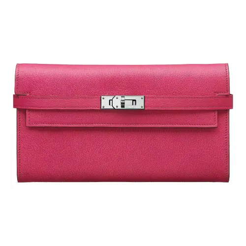 HERMES Kelly Mysore Goat Skin Wallet Women's E5 Rose Tyrien Peach Pink