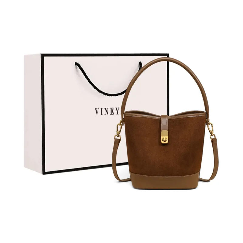 VINEY Cow Leather Patchwork Synthetic Leather Handbag Shoulder Bag Crossbody Bag Bucket Bag Regular Women's Coffee-5