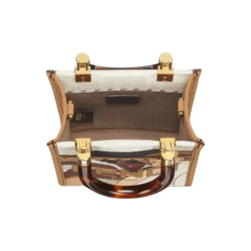 FENDI Sunshine Patchwork Leather Tote Bag Shoulder Bag Crossbody Bag Handbag Mini Unisex White/Brown-2