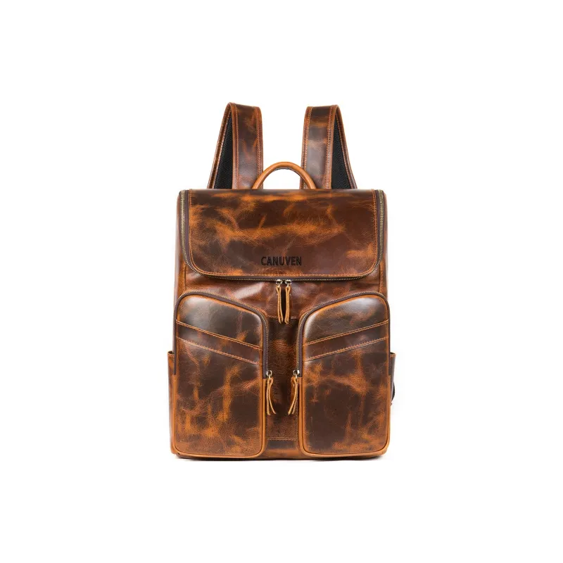 CANUVEN Top Grain Cow Leather Backpack Men's Oil Coffee/Vintage-3