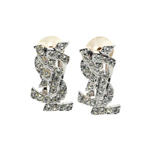 SAINT LAURENT 21st Century Rhinestone Logo Clip On Costume Earrings